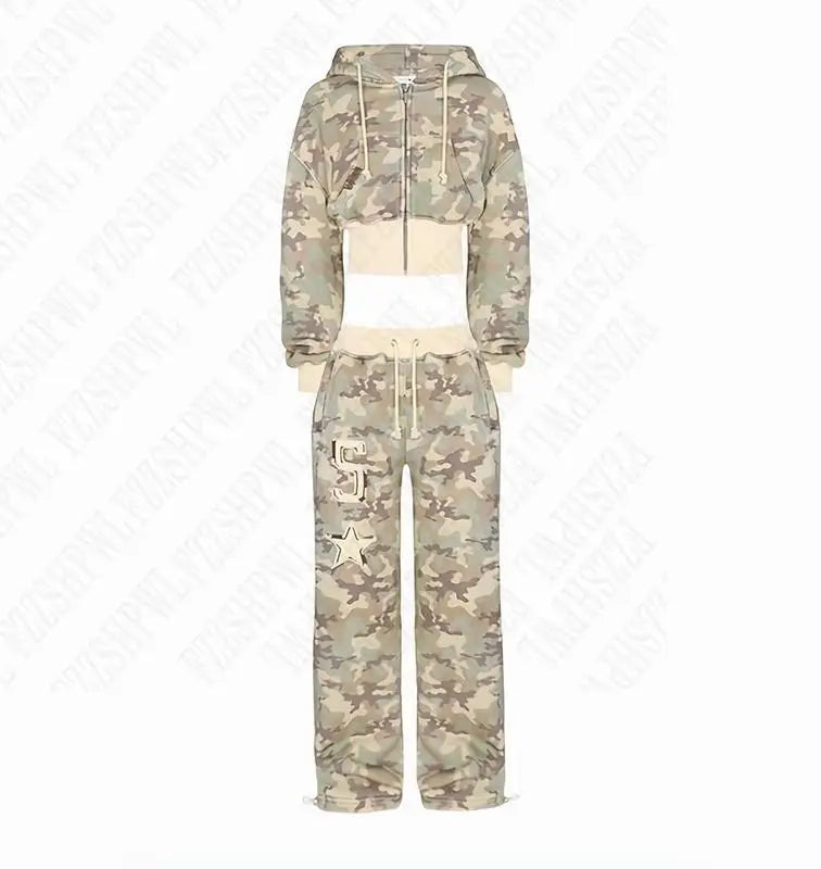 Zipper hoodie Camouflage sweatpants 2-piece set Y2K Women's clothing Goth Alphabet embroidered pullover Sweatshirt casual pants