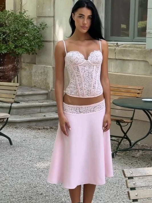 Lace Sweetheart Neck Lace Trim Corset Cami Top & Satin Midi Skirt 2-Piece Set 2026 Summer Chic Coquette Sweet Women Date Outfit