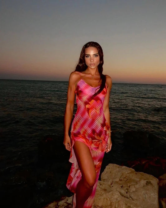 STYLISH LADY High Split Floral Printed Long Dress 2025 Summer Women Spaghetti Strap V Neck Backless Boho Beach Holiday Dresses