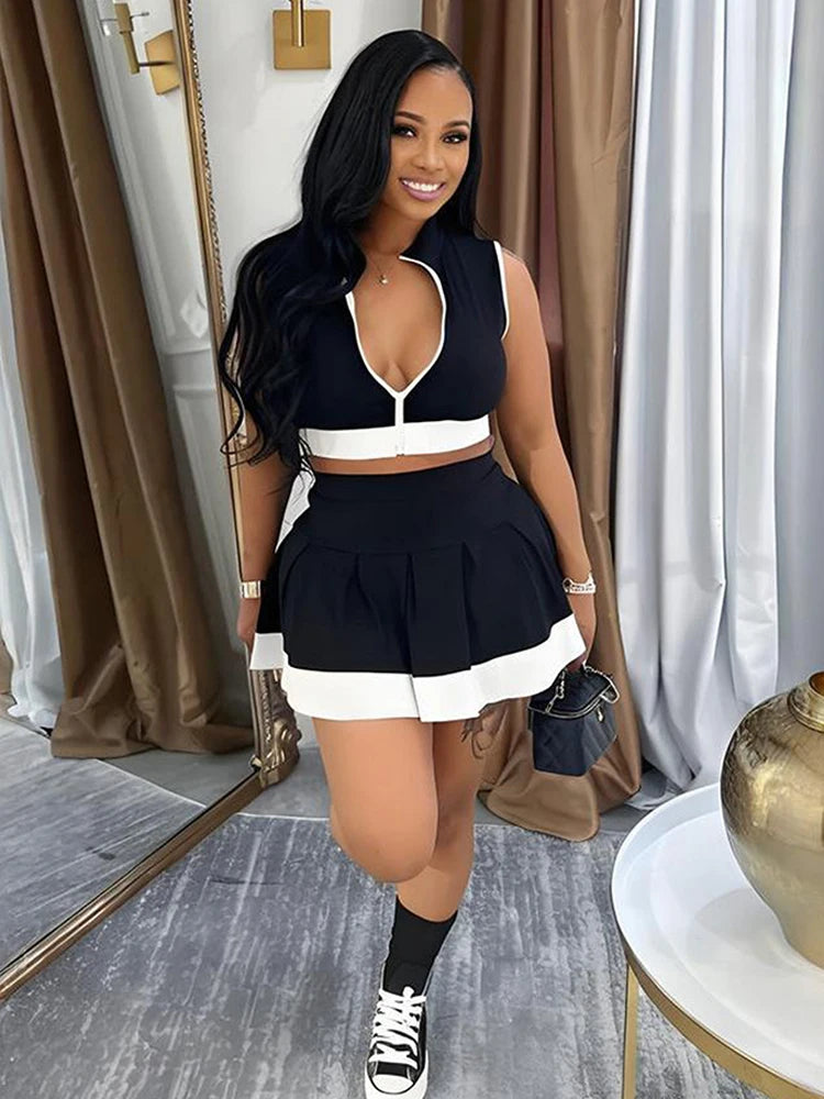 Kricesseen Women's Patchwork Zippers Crop Top And Ruched Skirt Set Two-Piece Sporty Tracksuits Set Night Club Outfits