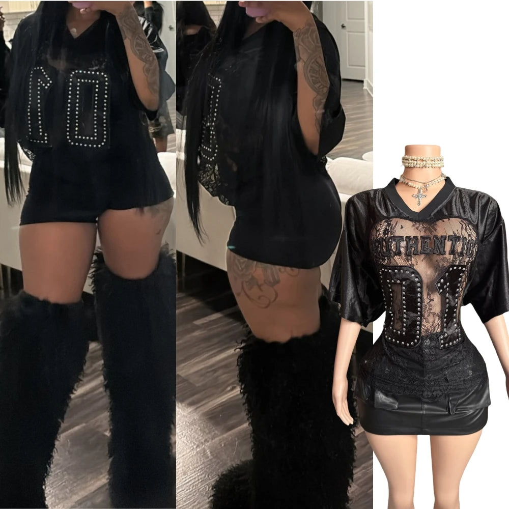 HLJ&GG Sexy Lace Splicing Letter Print Loose Tshirts Women V Neck Short Sleeve Straight Tops Fashion See Though Club Streetwear