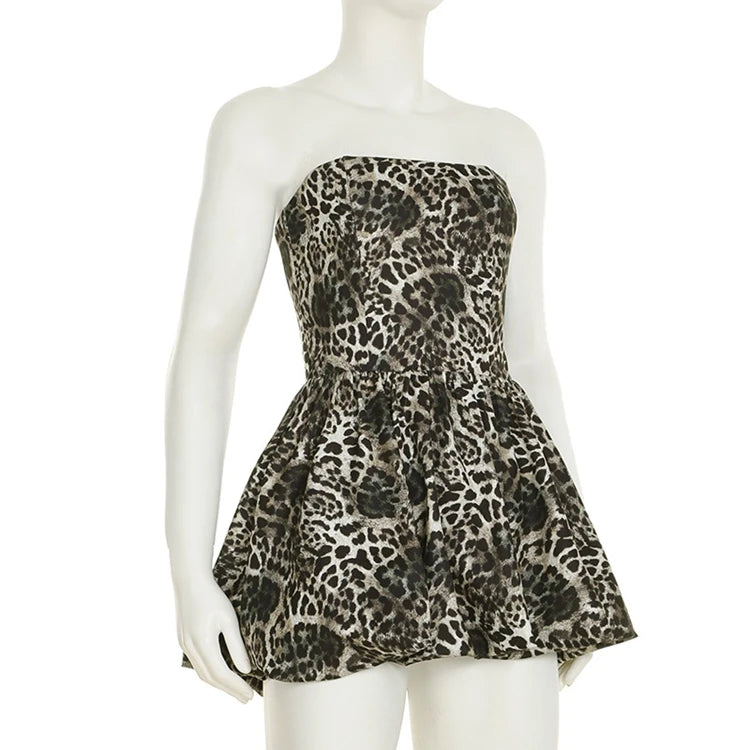 STYLISH LADY Leopard Printed Bud Dress 2025 Spring Strapless Backless Patchwork Sexy Club Party Mini Vestidos De Festa