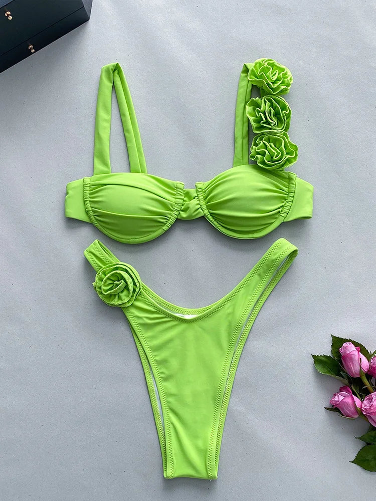 Sexy Solid Backless Floral Bikini Set Women Split Swimsuit High Waist Beach Bikini 2025 New Summer Swimwea Bikinis Set