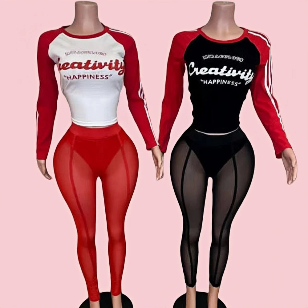 HLJ&GG Retro American Letter Printing Two Piece Sets Women Round Neck Long Sleeve Top And Mesh See Though Pants Outfits 2025 New