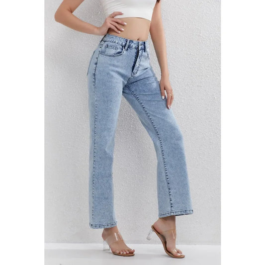 Ladies Light Blue High Waisted Jeans Straight Leg Design Classic Daily Wear Fashionable
