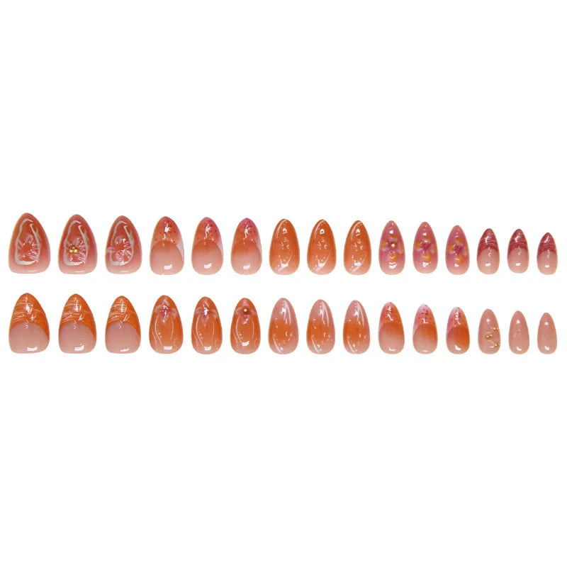 24pcs Short Almond French Press on Nails Ins Flower Design Fake Nail Tips Wearable Full Cover Sweet Korean Cute Fake Nail Patch