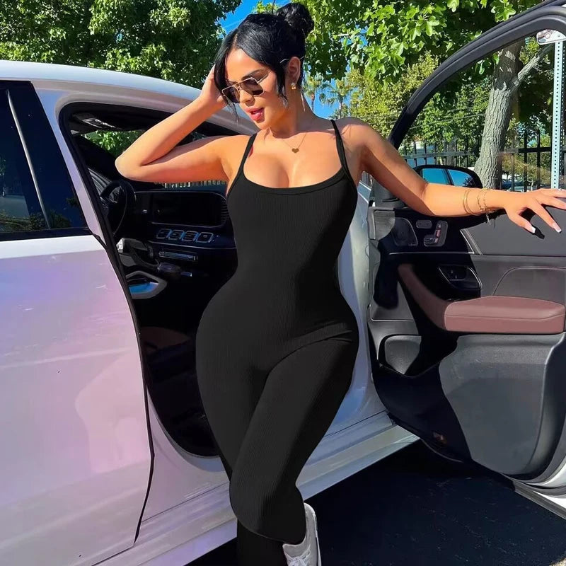 Hugcitar 2024 Fashion Ribbed Solid Slips Backless Sexy Skinny One Piece Jumpsuit Women Y2K Romper Vacation Sport Overalls