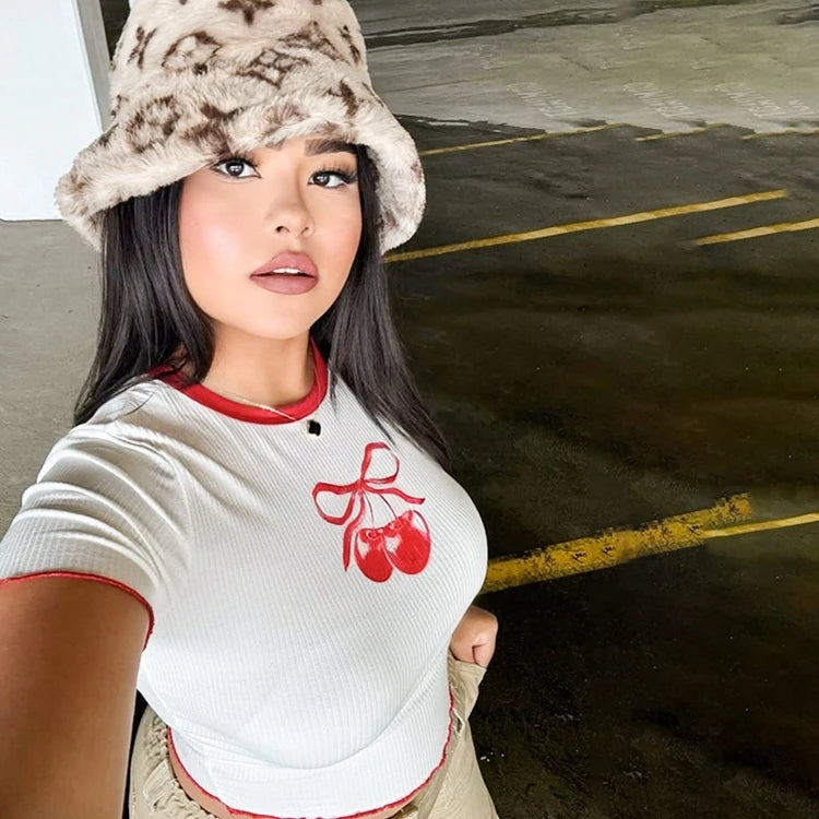 STYLISH LADY Cherry Printed Crop Tops 2025 Summer Women Short Sleeve O Neck Slim Ribbed Contrast Color Casual Street T Shirts