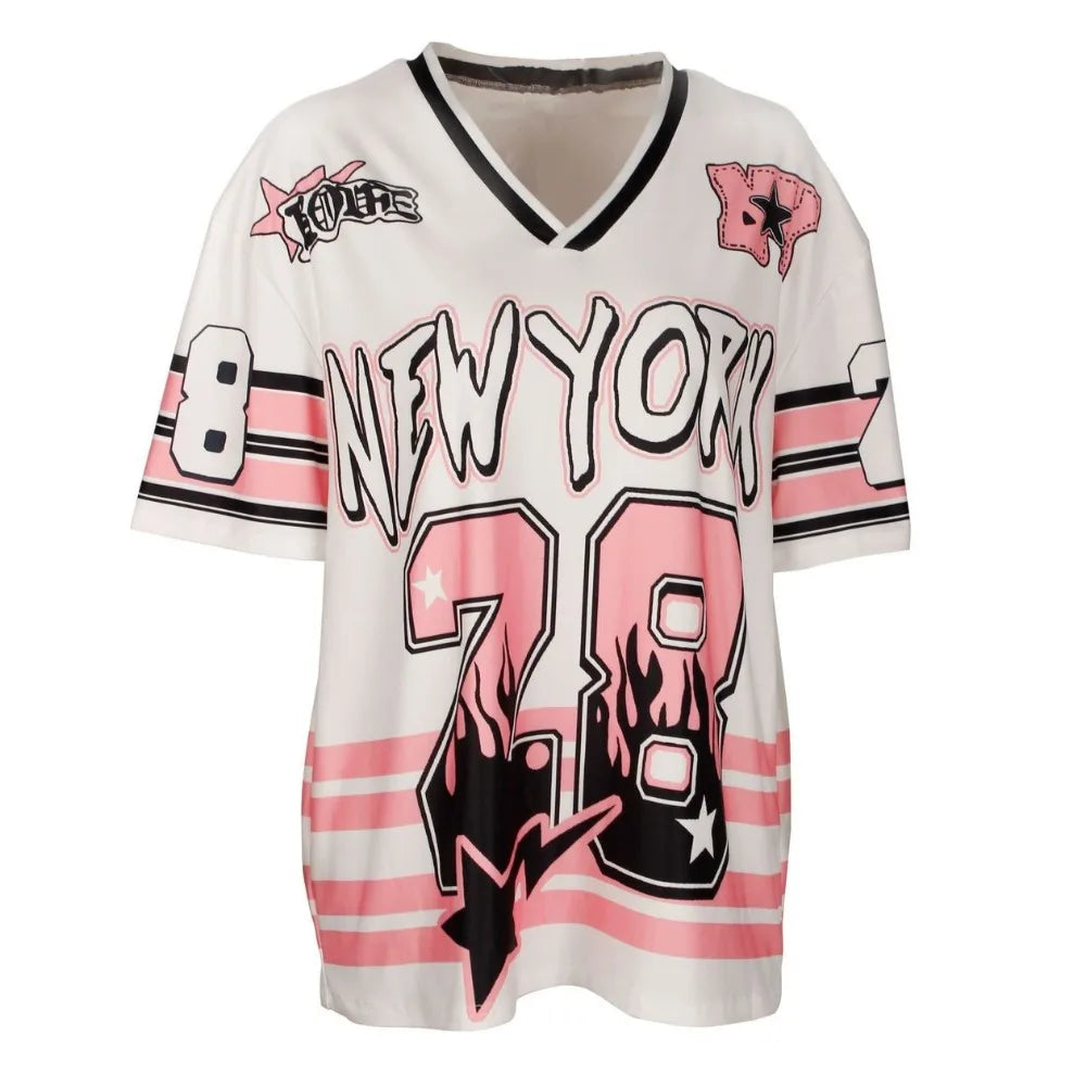 HLJ&GG Pink Fashion Letter Loose Tshirts Two Piece Sets Women V Neck Short Sleeve Top+Pleated Mini Skirts Outfits Y2K Streetwear
