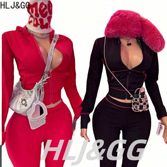 HLJ&GG Spring New Waffle Flare Pants Two Piece Sets Women Zip Hooded Long Sleeve Top + Pants Outfits Casual Sporty 2pcs Clothing