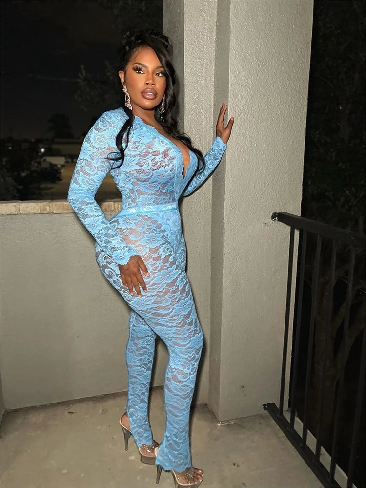 STYLISH LADY See Through Lace 2 Piece Set Women Long Sleeve Bodysuits and Skinny Pant Suits 2025 Summer Sexy Hollow Out Outfits