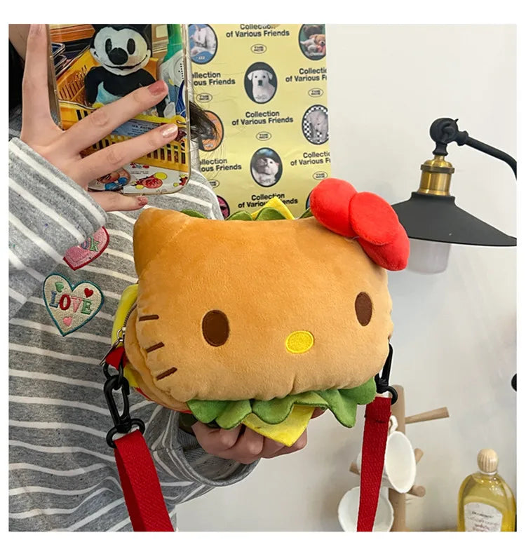 Hello Kitty Kawaii Hamburger Plush Mini Crossbody Bag Adorable Shoulder Purse for Teen Girls Kawaii Fashion Shoulder Bagfor Girl