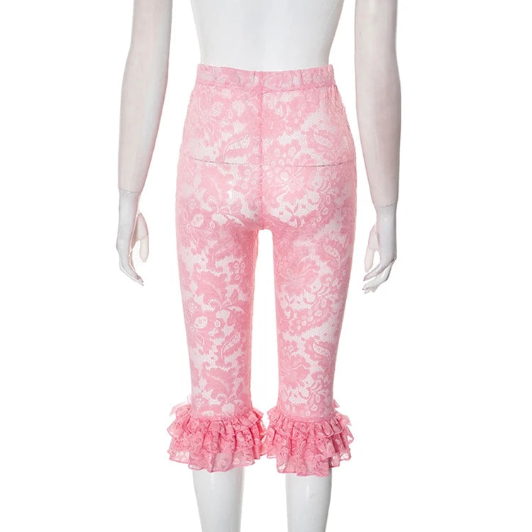 STYLISH LADY Lace Knee Length Pants 2025 Summer Women Midi Waist Hollow Out Sexy Club Party Street See Through Leggings Pants