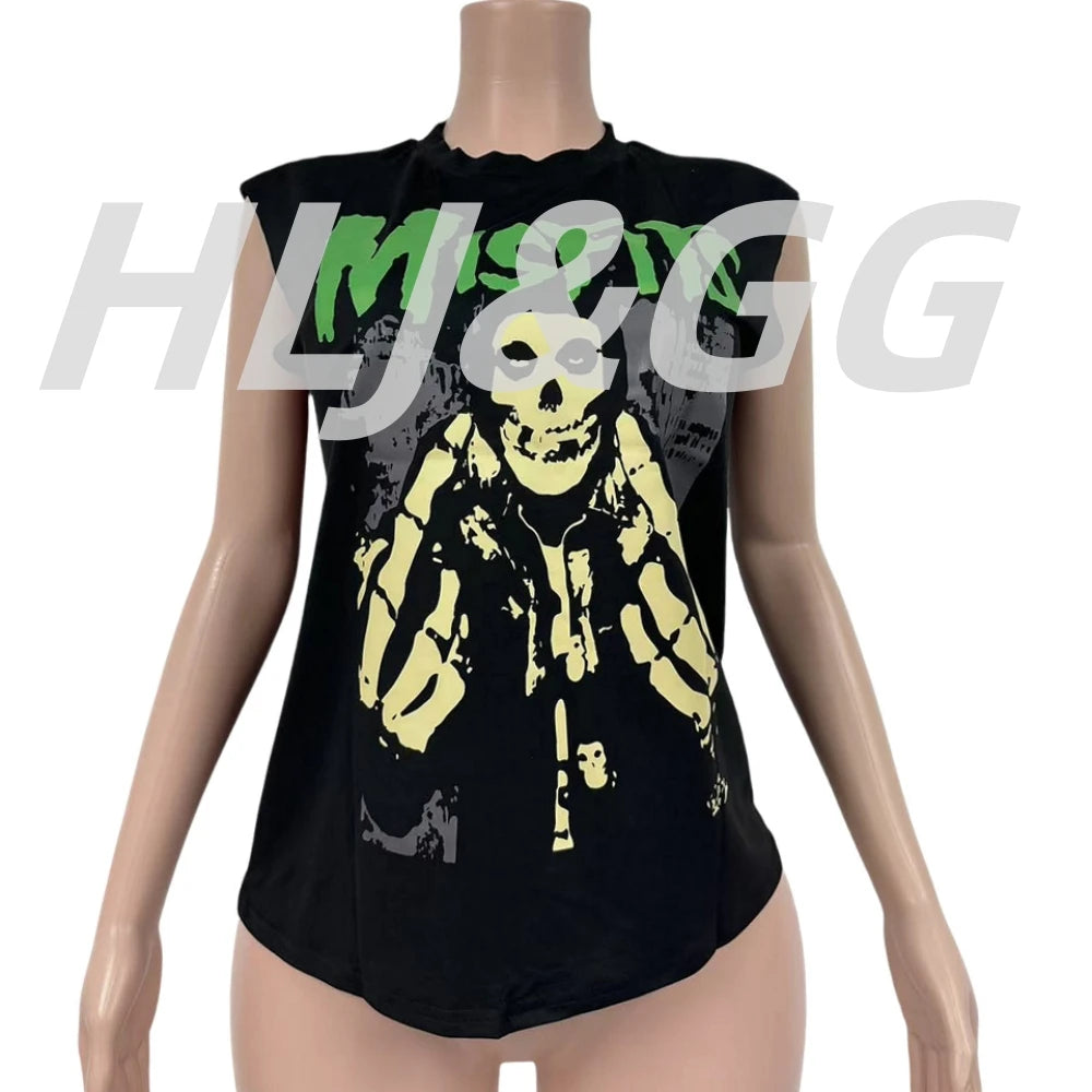 HLJ&GG Fashion Street Letter Print Tshirts Two Piece Sets Women O Neck Sleeveless Top And Shorts Outfits Y2K Female Streetwear