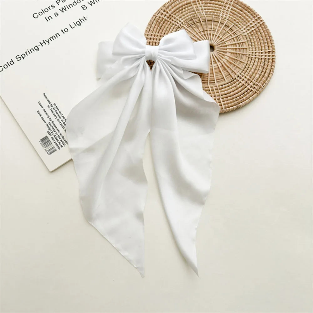 Ladies Satin Large White pink Red Blue Black Ribbon bow Oversized bow Long tail hair clip spring clip ponytail Hair accessorie