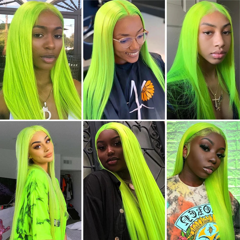 Brazilian 200% Density Straight Fluorescent Green 13x4 Lace Frontal Wig Human Hair Wigs For Women Remy Hair Colored Lace Wigs