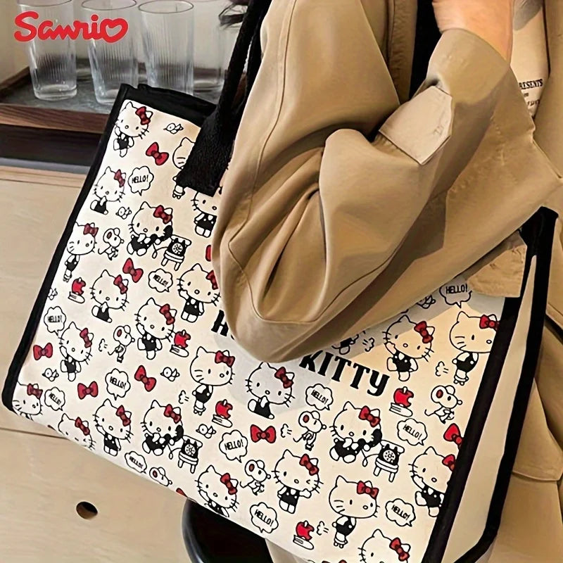 MINISO Sanrio Hello Kitty Canvas Handbag Large Capacity Zipper Shoulder Bag Lightweight Cute Fashion Weaving Tote Bag