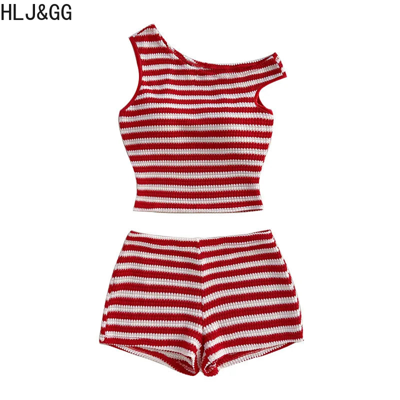 HLJ&GG Red Stripe Knitting Y2K Fashion Streetwear Women O Neck Sleeveless Slim Crop Top And Shorts Two Piece Sets Outfits 2025