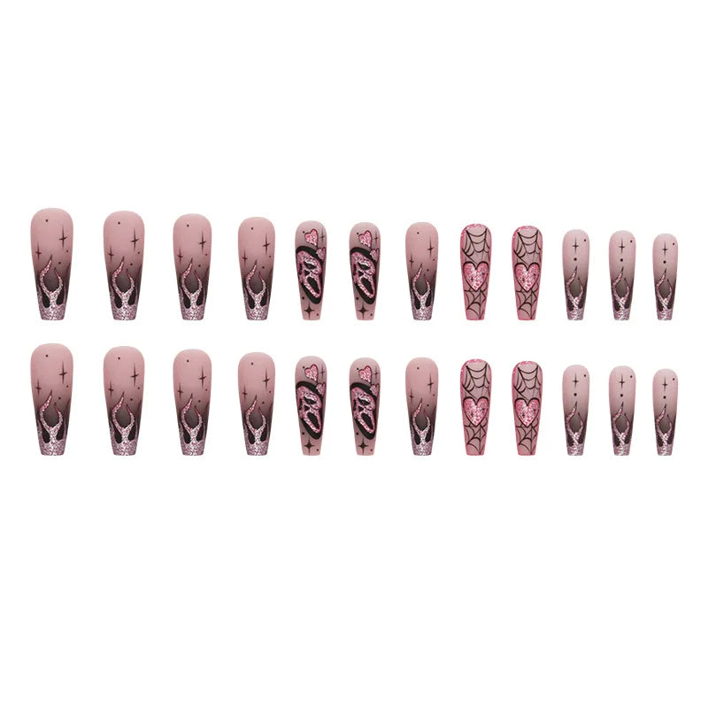 24pcs Glitter Pink Sequins Fake Nails 2025 Halloween Scary Skull Love Print False Nails Wearable European Ballet Press on Nails