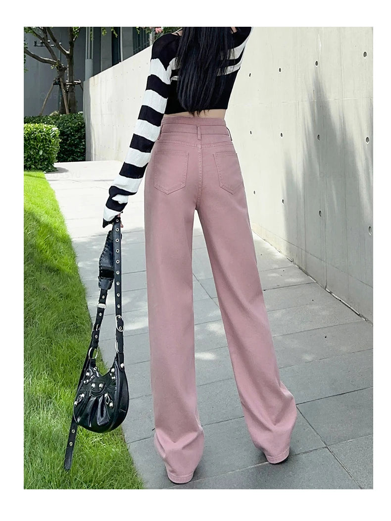 OUSSYU Woman Jeans High Waist Straight Wide Leg Cotton Clothing Blue Streetwear Vintage Fashion Harajuku Women Trousers