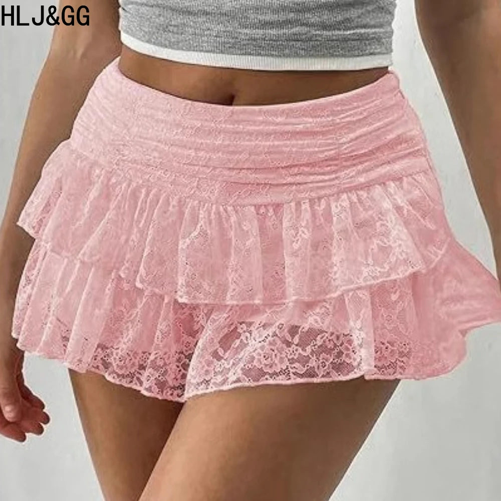 HLJ&GG Fashion Rhinestone Knit Tank Top Two Piece Sets Women Round Neck Sleeveless Crop Vest And Lace Ruffle Mini Skirts Outfits