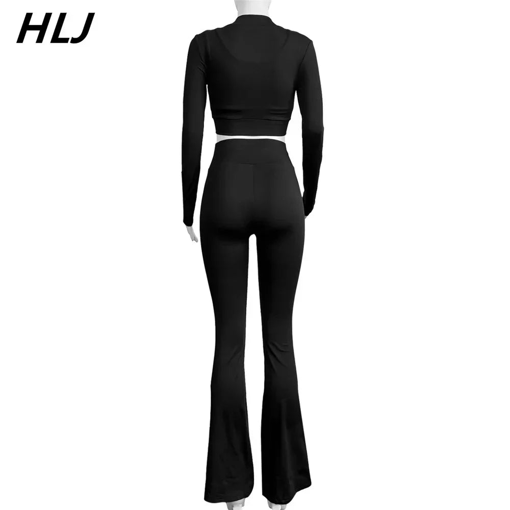 HLJ&GG Casual Solid Bodycon 3 Piece Sets Outfit Women Slim Crop Tops + High Waist Flare Pants Long Sleeves Coats Tracksuits 2024