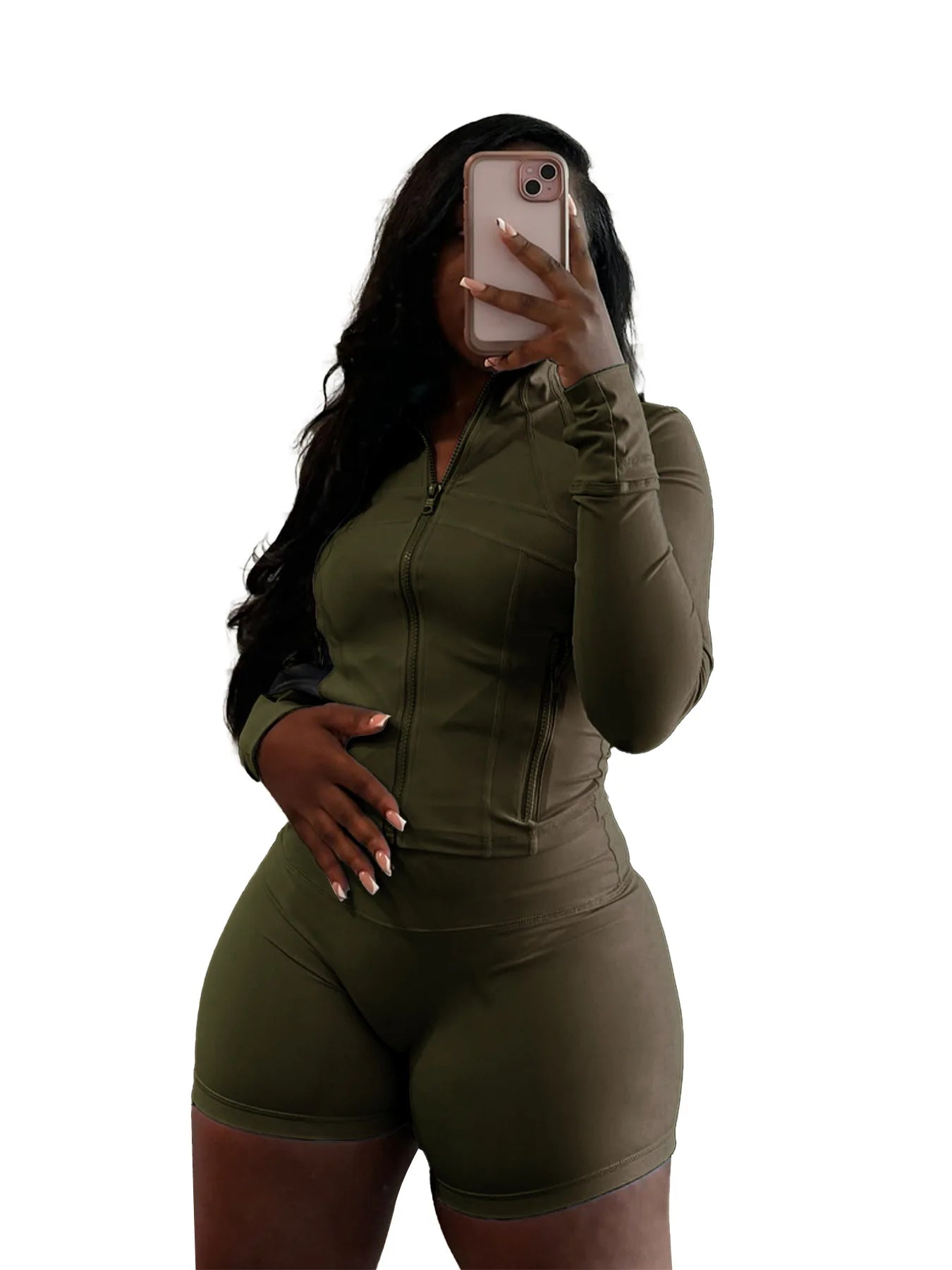 HLJ&GG Casual Sporty Skinny Shorts Two Piece Sets Women Zip Long Sleeve Slim Top + Shorts Outfits Summer New Stretchy Tracksuits