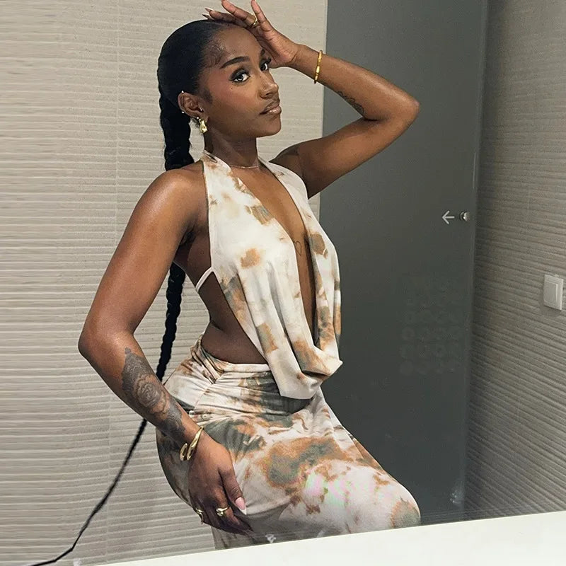 STYLISH LADY Tie Dye Printed2 Piece Set Women Sleeveless Backless Crop Top and Maxi Skirt Suits 2025 Summer Beach Holiday Outfit
