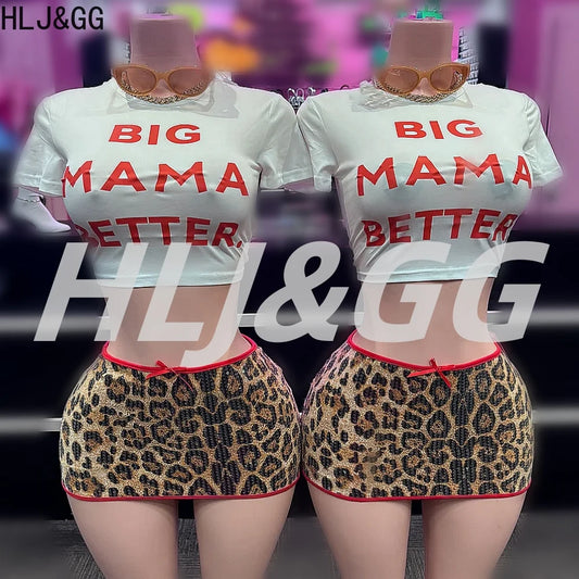 HLJ&GG Fashion Y2K Sequin Leopard Mini Skirts Two Piece Sets Women O Neck Short Sleeve Slim Croptop And Skirts Outfit Streetwear