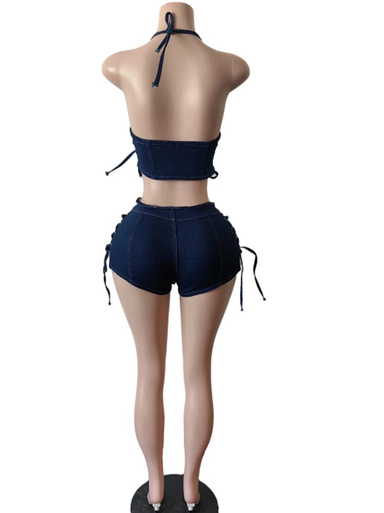 Kricesseen Sexy Lace Up jeans Bustier Top And Matching Set 2 Piece Outfs Women Evelet Bandage Jeans Tracksuit Set Clubwear