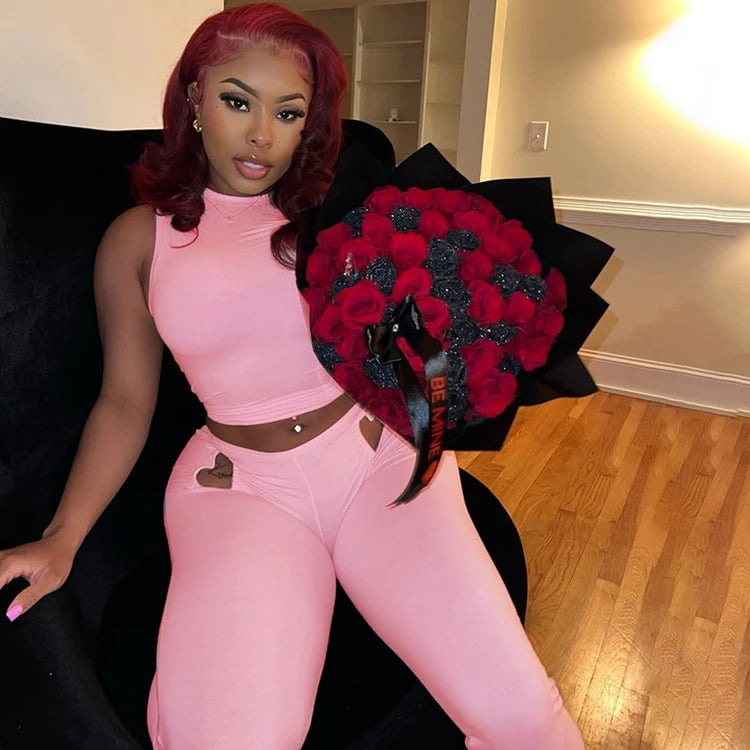 STYLISH LADY Cut Out Heart Fitness 2 Piece Set Women Sleeveless Crop Top and Skinny Pant Suits 2025 Summer Hot Girl Tracksuits