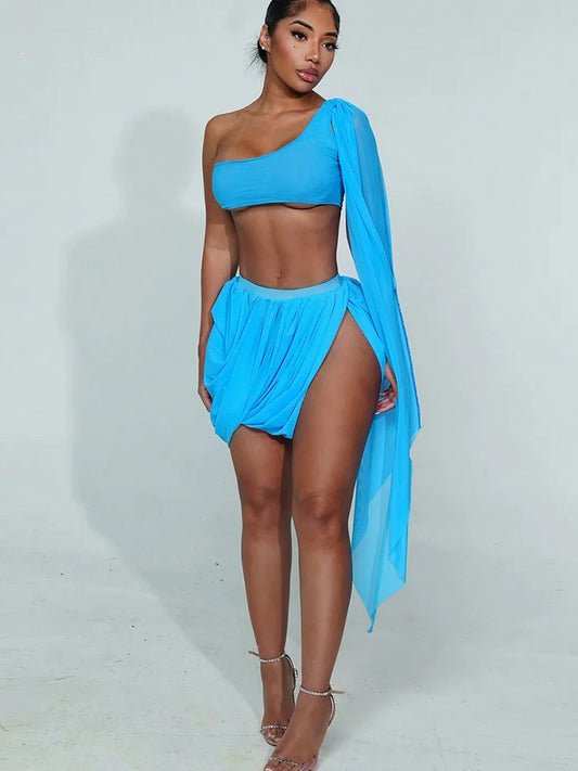 Weird Puss Y2K Sexy 2 Piece Set Women See Through Midnight Irregular Full Sleeve Crop Tops+Ruched Split Skirts Matching Clubwear