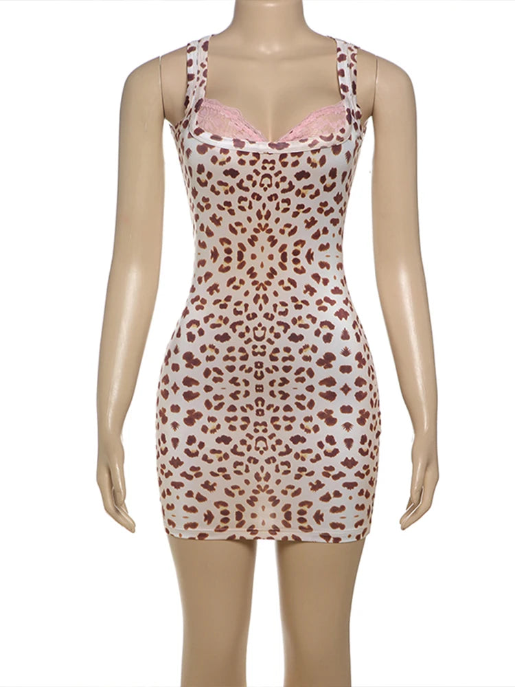 Weird Puss Leopard Print Dress Women Lace Square collar Sleeveless Mini Bodycon Hot Girl Midnight Club Party Hipster Outfits