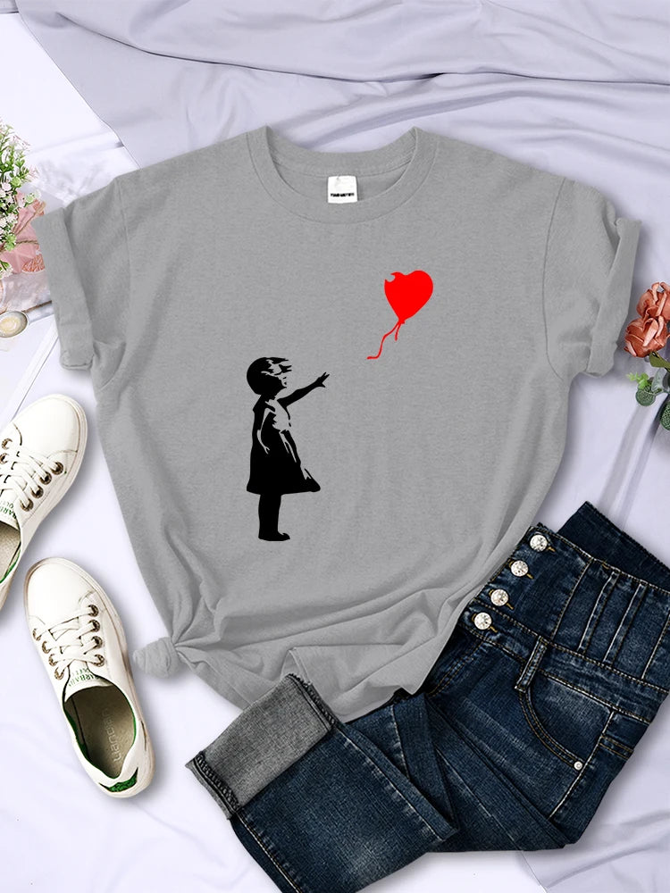 Let'S Fly Love Balloons Prints Womens T-Shirt Soft Breathable Short Sleeve Street Hip Hop Trend Tops Casual Female Tee Clothing
