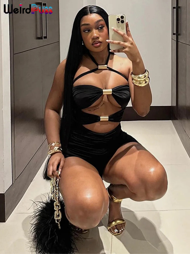 Weird Puss Ruched Romper Women Chic Metal Buckle Hollow Backless Halter Sleeveless Hipster Stretch Luxury Slim Playsuit Clubwear