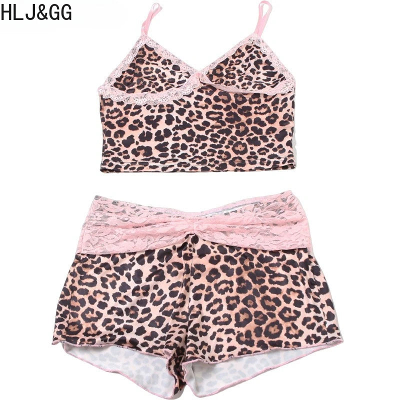 HLJ&GG Fashion Leopard Lace Stitching Two Piece Sets Women V Neck Spaghetti Strap Slim Crop Top + Shorts Outfits Sexy Streetwear