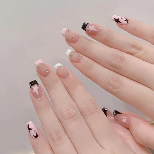 y2k Nails 24pcs Fake Nails Black Pink Color French Press Nail Tips with Five-pointed Star Pattern Artificial Nail Tips for Girls