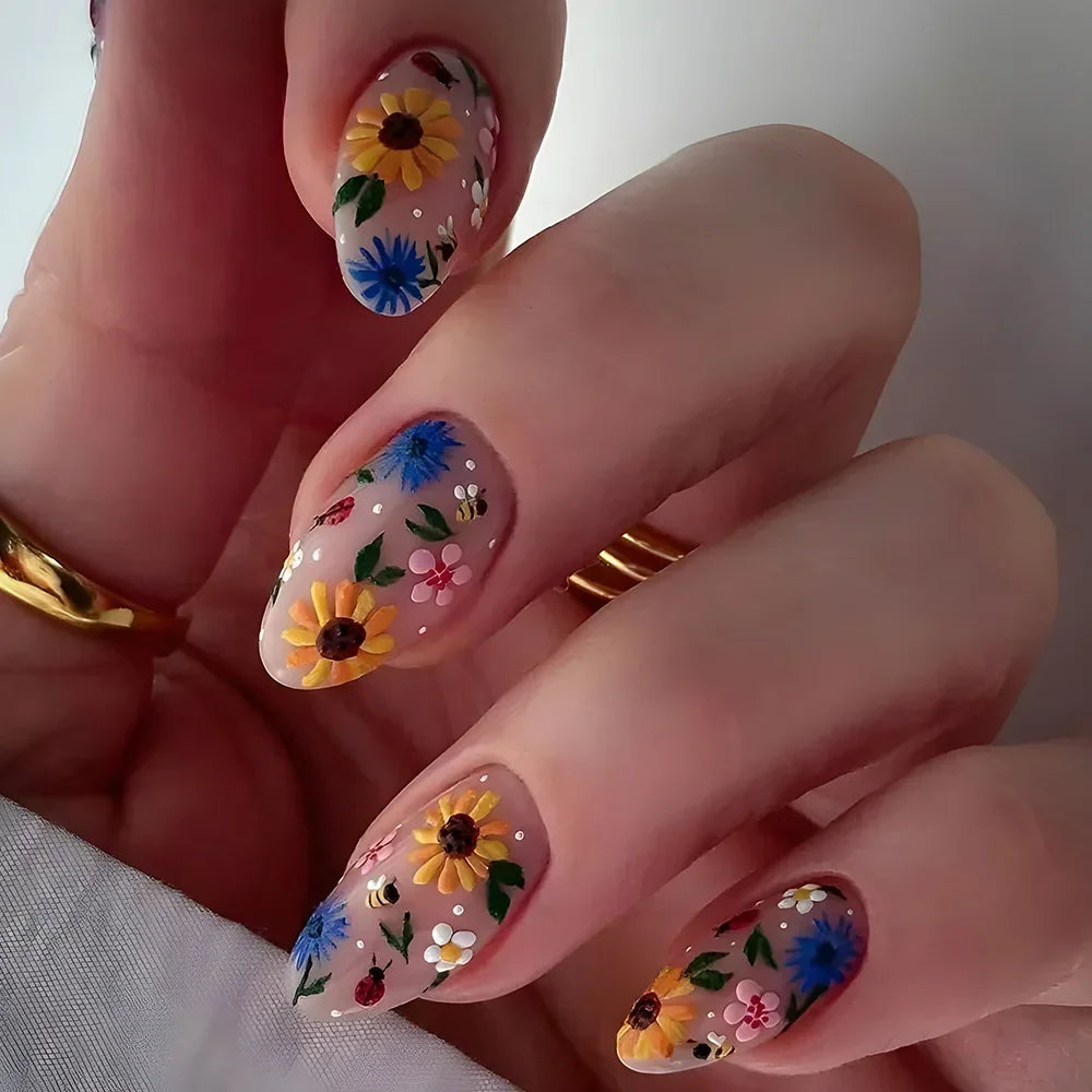 24pcs French Almond Press on Nails Leopard Print False Nails 3D Bow Wearable Stick-on Nails Fake Nail Uñas Накладные Ногти 네일팁