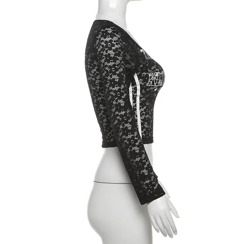 HLJ&GG Summer New Lace Letter Print Two Piece Sets Women V Neck Long Sleeve Top And Mini Skirts Outfits Fashion Streetwear 2025