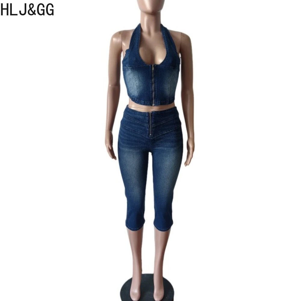 HLJ&GG Blue Fashion Denim Halter Two Piece Sets Women Sleeveless Backless Slim Crop Top And Skinny Jean Pants Outfits Streetwear