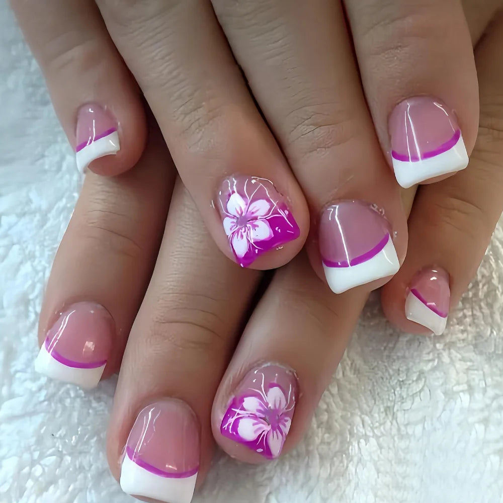 24Pcs Fairy White Flower Fake Nails Pink French Tip Press on Nails Short Square Wearable False Nail for Girls DIY