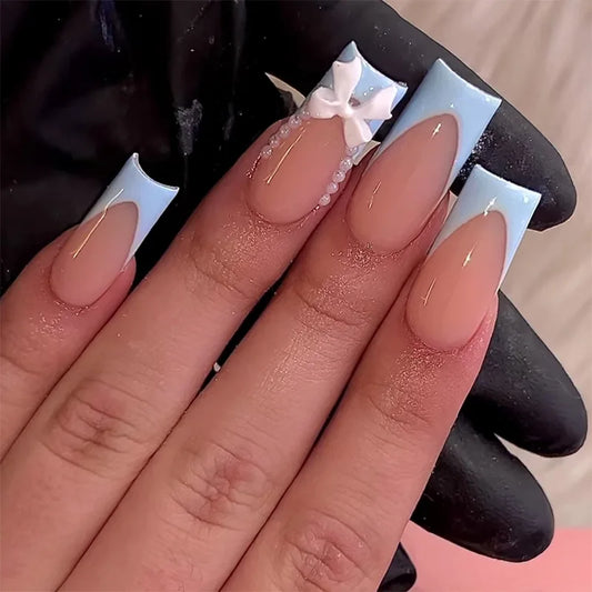 24pcs Blue French False Nails with White Bow Pearl Design Sweet Fake Nail Tips Wearable Detchable Long Ballet Press on Nails