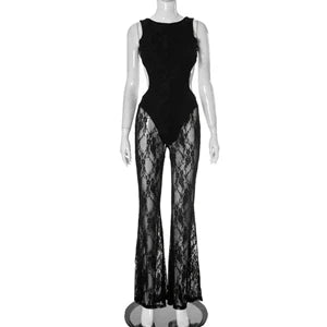 STYLISH LADY Black Lace Hollow Out Jumpsuits 2025 Summer Women Sleeveless Backless Bodycon Sexy Club Party One Piece Overalls