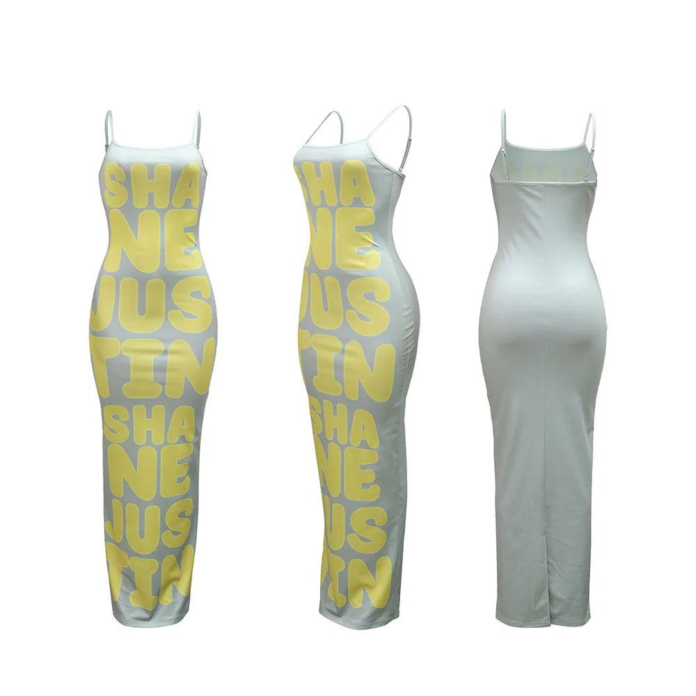 HLJ&GG Summer New Letter Print Bodycon Spaghetti Strap Long Dresses Women Sleeveless Backless Slim Vestidos Fashion Streetwear