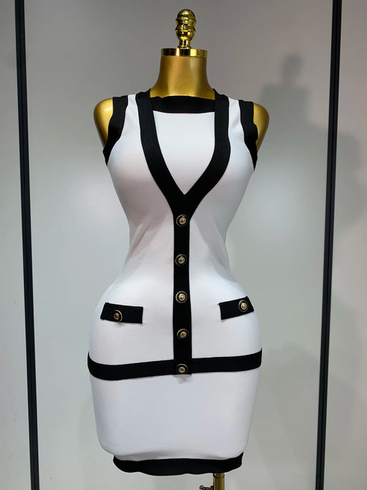 Women Sexy Backless Black White Button Mini Bandage Short Dress Celebrity Elegant Evening Party Holiday Club Dress