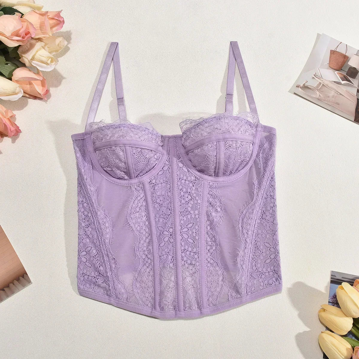 Sexy Lace Mesh Spaghetti Strap Open Back Boned Corset Women Summer Slim Lingerie Bodyshaper Bustier Camisole Halter Vest