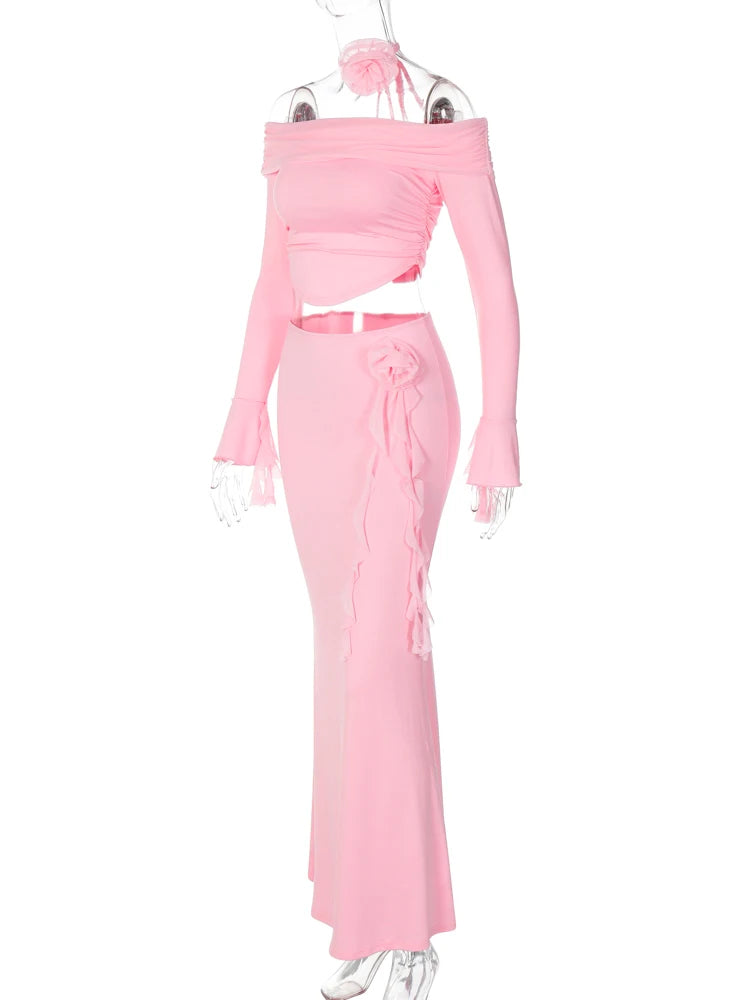Dulzura Matching Suit Neck Accessories 3D Flower Off Shoulder Long Trumpet Sleeves Crop Top Tassel Maxi Skirt 2024 Autumn Women
