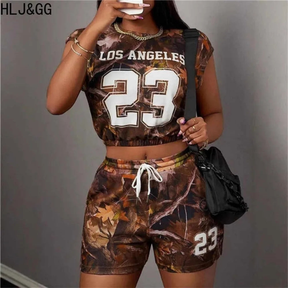 HLJ&GG Summer New Printing Drawstring Shorts Two Piece Sets Women Round Neck Short Sleeve Crop Top And Shorts Outfits Streetwear