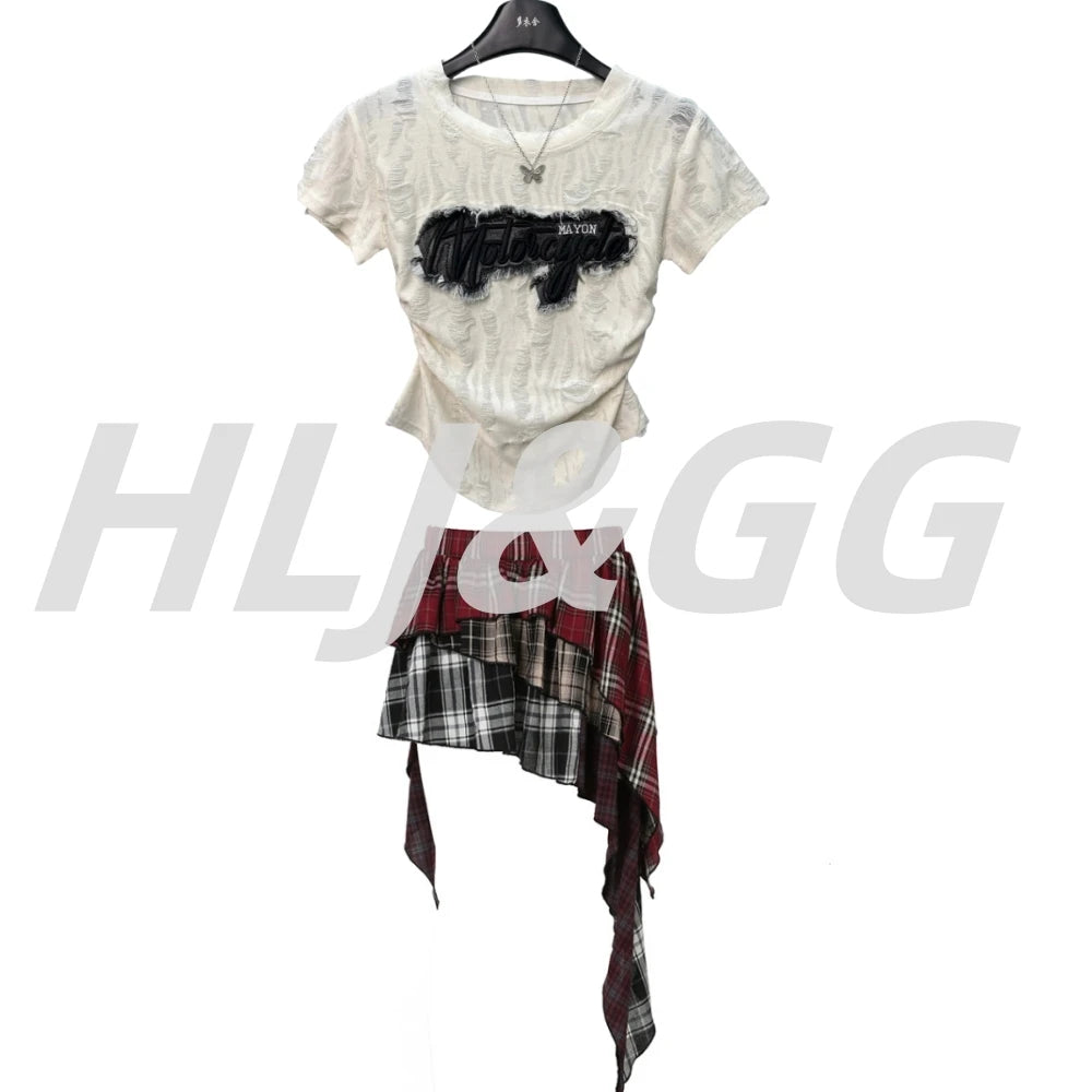 HLJ&GG Fashion Plaid Printing Irregular Mini Skirts Two Piece Sets Women O Neck Short Sleeve Top And Skirts Outfits Streetwear
