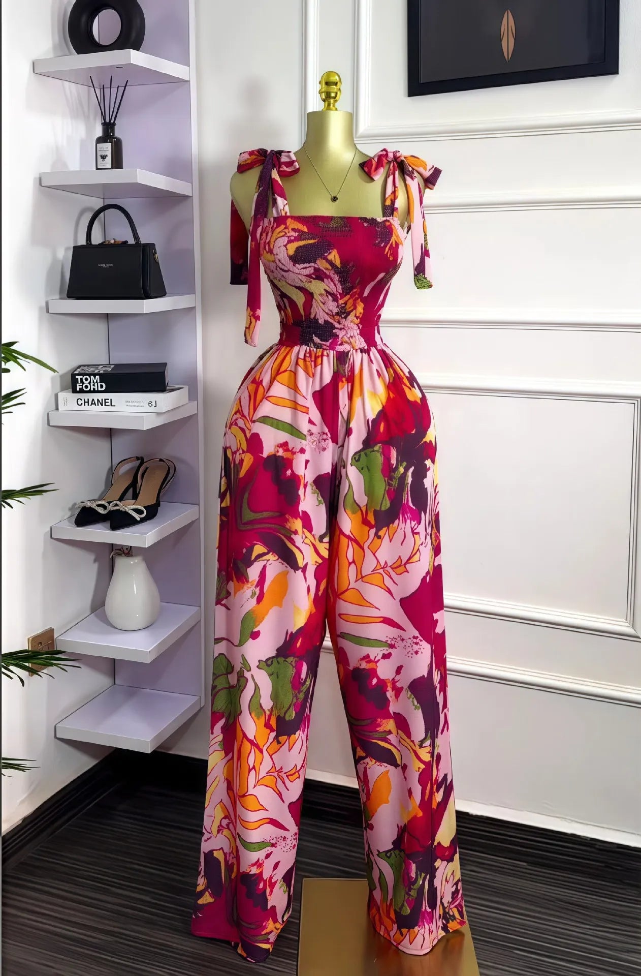 CM.YAYA Leaf Printed Women Bowknot Shoulder Sleeveless Jumpsuits 2025 Summer Beach Boho Holiday Outfits One Piece Suit Romper